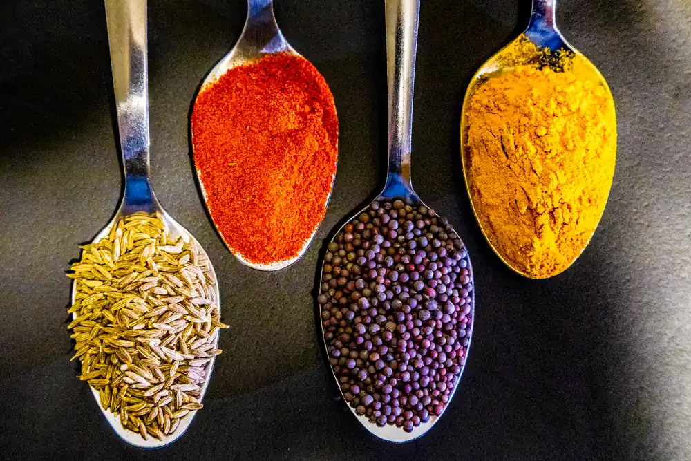 Four spoons holding cumin seeds, red chilli powder, mustard seeds and turmeric on a dark surface